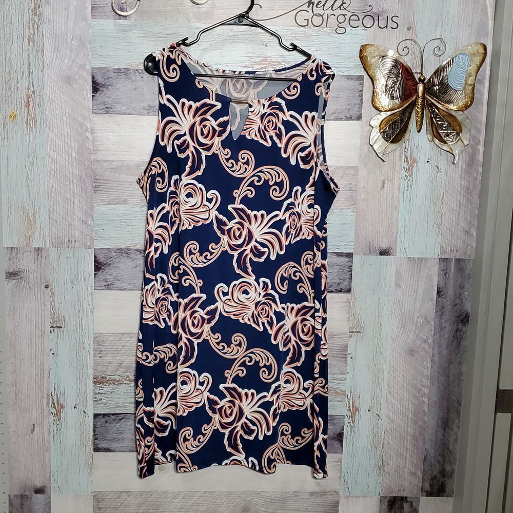 Navy Blue Orange White Floral Sleeveless Stretchy Slipover Dress Sz XL 325 